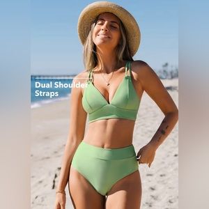 Twist Bralette & Spliced High Waist Green Bikini Set